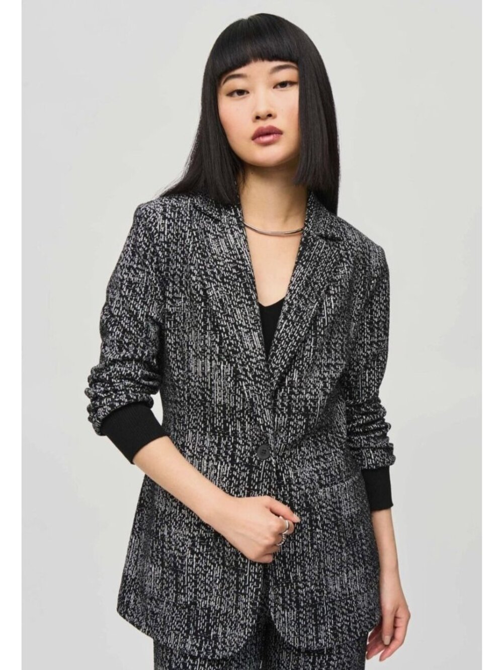 Joseph Ribkoff Black White Tweed Business Blazer Jacket Pockets Size 10 Work